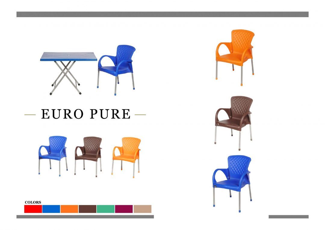 orange blue brown chair with 4 metal support pure plastic white background