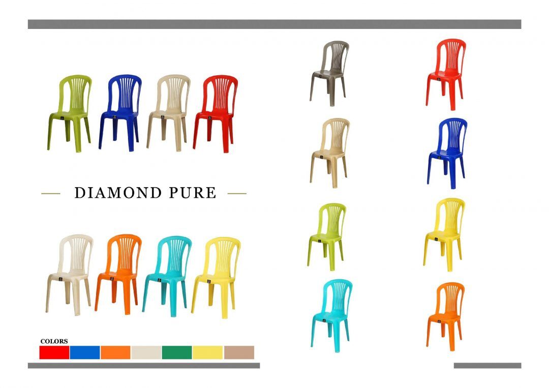 armless yellow blue teal orange brown white and black red chair pure plastic 4 legs white background